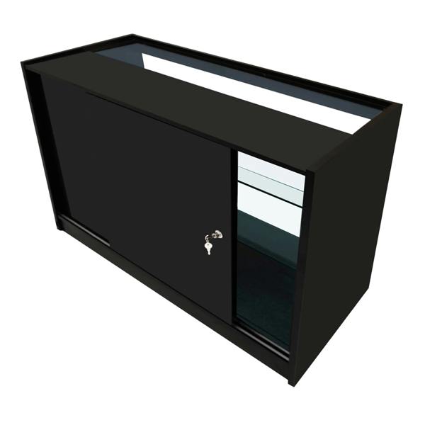 Sleek black LED retail shop counter K1500 with sliding door, glass display shelves, and smooth finish for modern store aesthetics