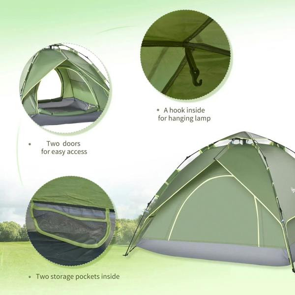 Green dome camping tent with two door openings, mesh windows, and gray base