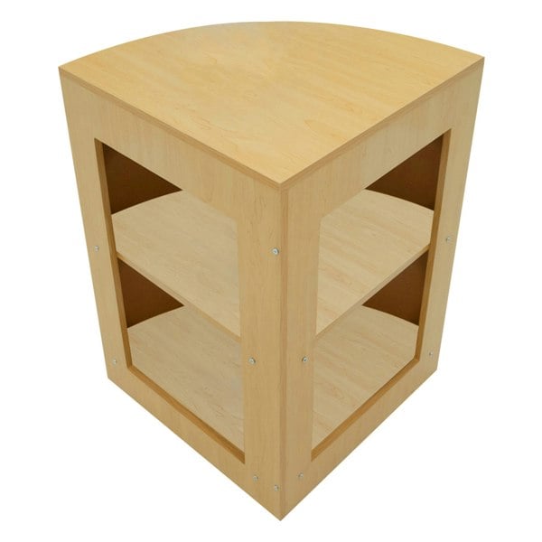 Maple corner shop counter set with two open shelves, featuring a smooth wood finish and rounded edges for a modern look