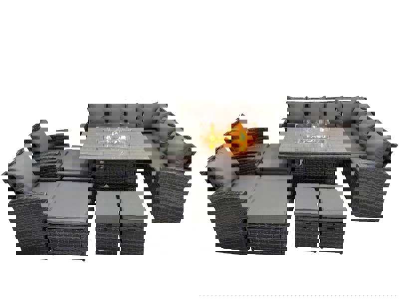 Fimous Outdoor Furniture Garden Dining Set Rattan Corner Sofa Chair Set Gas Fire Pit Table with Temper Glass 4 Footstools Dark Grey Mixed