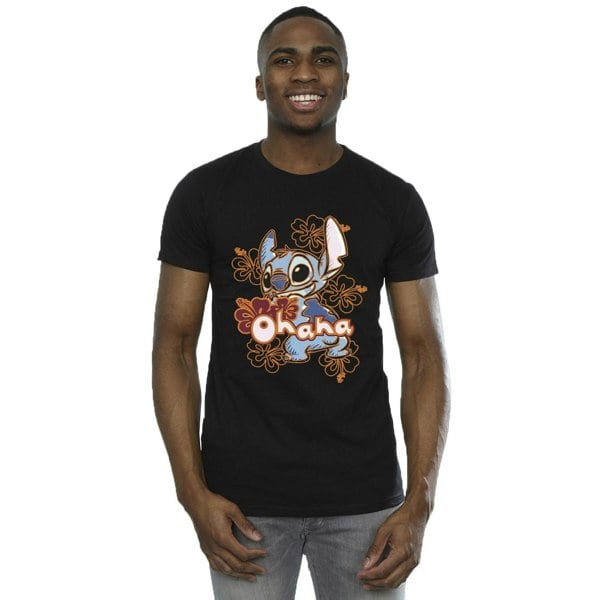 Disney Mens Lilo And Stitch Ohana Orange Hibiscus T-Shirt - Black