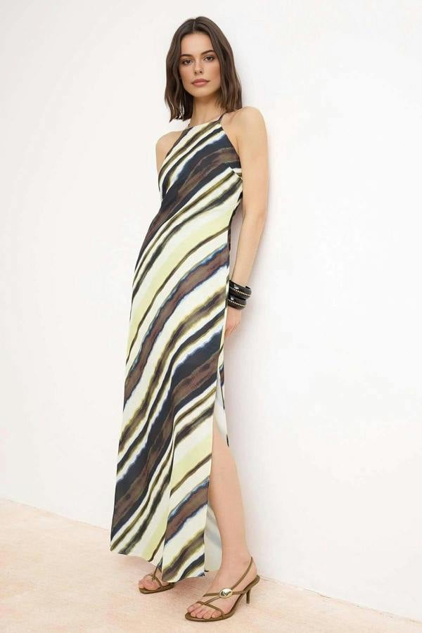 WOVCOR Halter Neck Sleeveless Maxi Dress with Tie-Dye Print