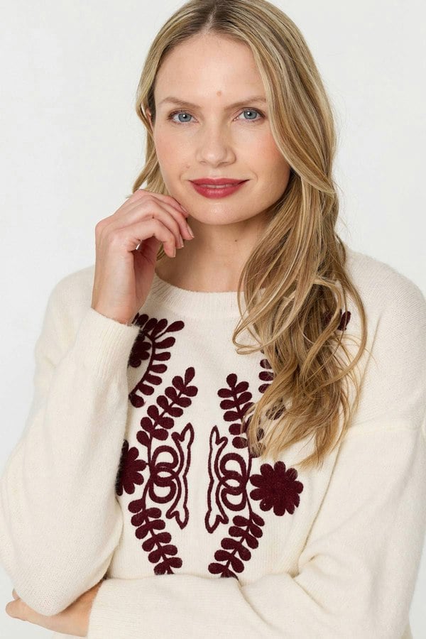 Cream | Embroidered Print Drop Shoulder Jumper