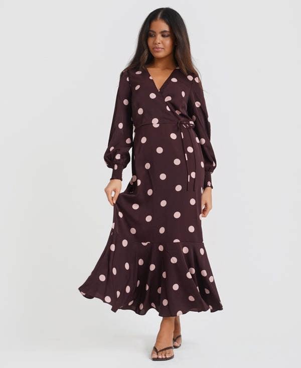 Needs No Label Berry Spot Wrap Long Sleeve Midaxi Dress