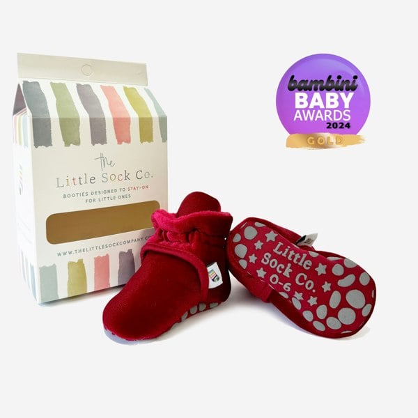 Little Sock Co. Crimson Red Velvet - Stay-on, Non-Slip Booties - Cosy Pram Slipper or Baby Carrier bootie
