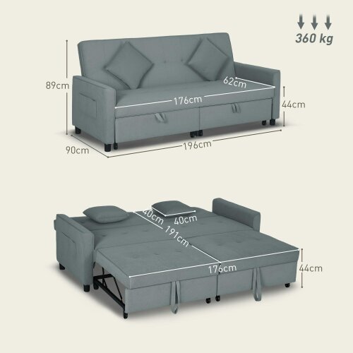 Wyld Haus Senosa Grey Upholstered 3 Seater Convertible Sofa Bed Tufted
