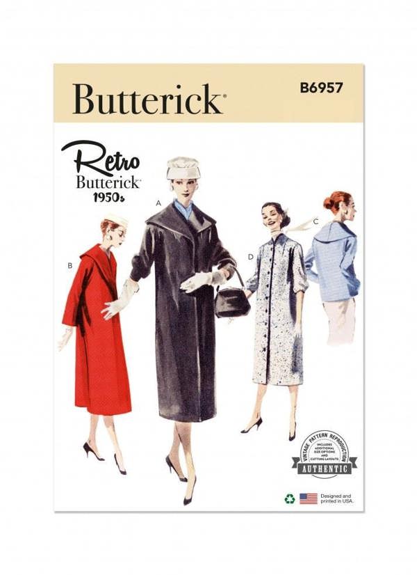 Butterick Sewing Pattern 6957, Coats, Vintage Style for Women, H5 (6-8-10-12-14) - Easy