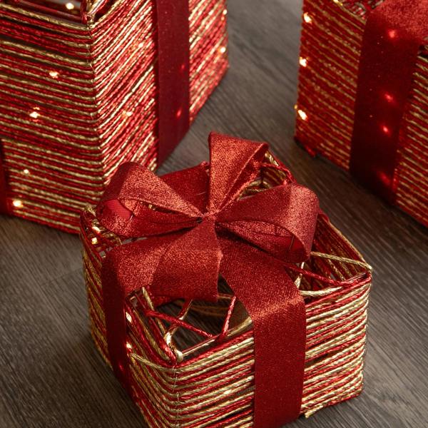 Samuel Alexander Set of 3 Red & Gold Light Up Christmas Parcel Gift Boxes with 90 Warm White LEDs