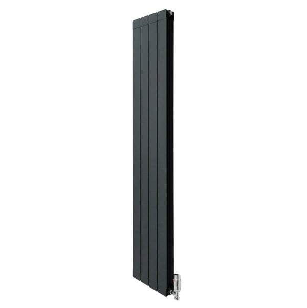 Anthracite grey aluminium radiator measuring 1800mm x 315mm, featuring a sleek, vertical design and integrated valves for efficient heating