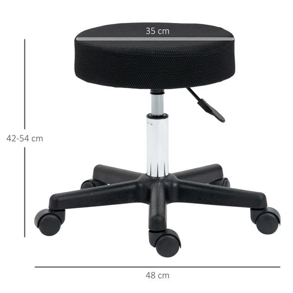 Black padded round stool seat on hydraulic swivel base with five casters