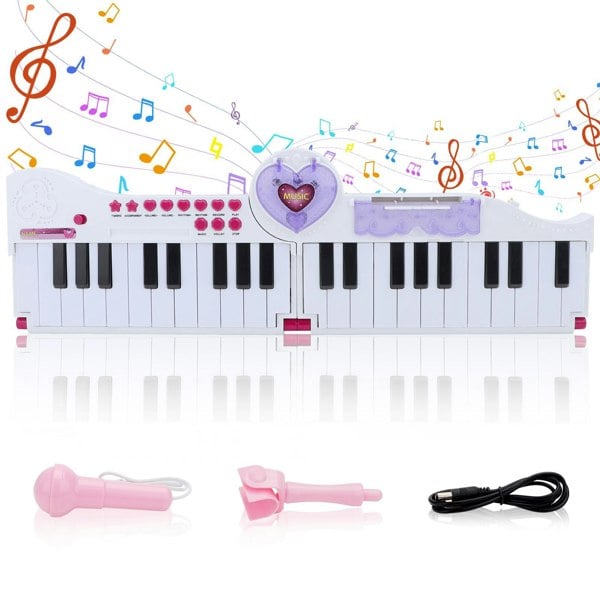 deAO Toys Pink Kids Musical Keyboard Toy with Microphone 40-Key Foldable Piano with Music Lights