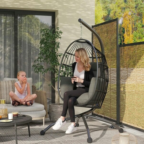 Bobobiy Hanging Egg Chair Garden Swing Chair with Folding Basket and Thickened Cushion, Garden Hanging Chair with Stand, Cup Holder, Dark Grey
