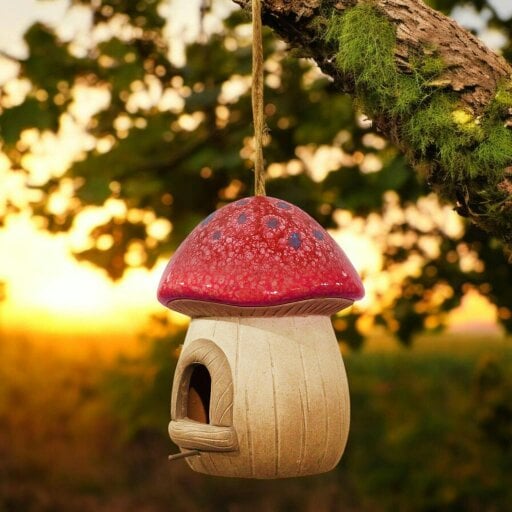 EDH Door Hardware Hand painted Red Terracotta Mushroom Bird House - Garden Décor, Fairy Cottage Style, Outdoor Hanging Birdhouse
