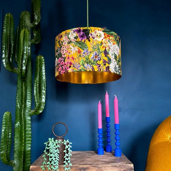 Love Frankie Ochre Summer Meadow Velvet Lampshade with Gold Lining