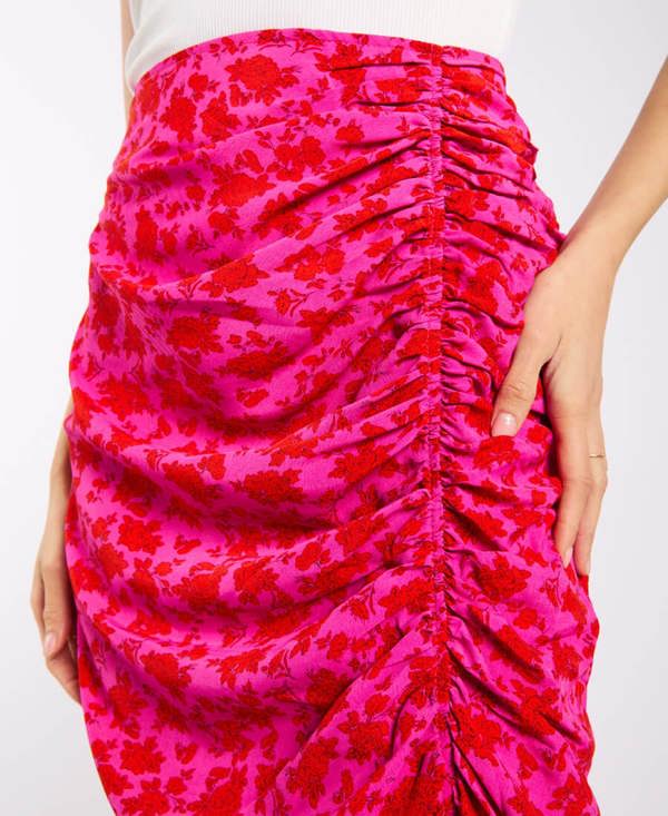 bold Pink Floral Ruche Side Midi Skirt