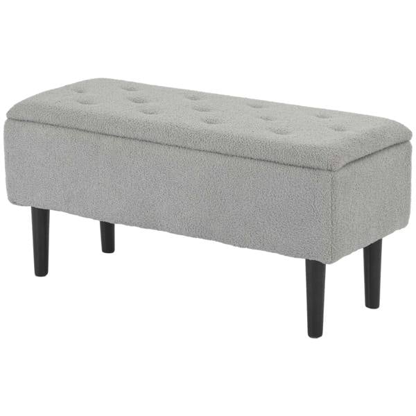 Grey fabric storage ottoman bench with padded top and dark wooden legs