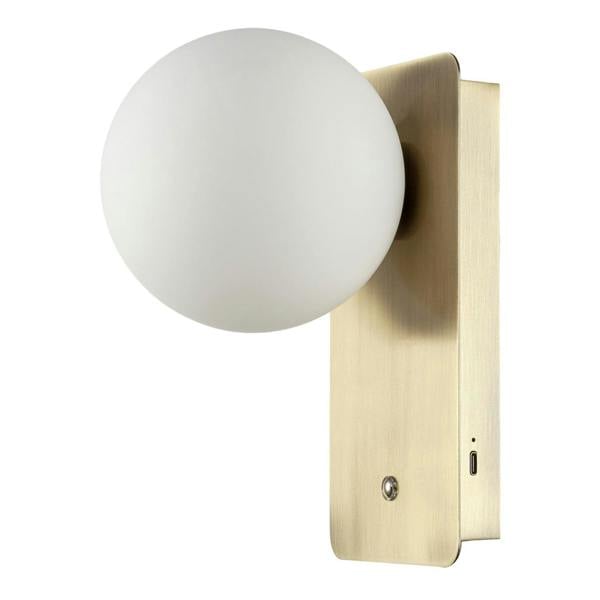 Antique Brass Rechargeable Wall Light with Opal Globe Glass Shade Image 1