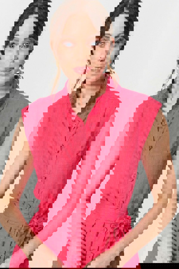 Pink | Sleeveless Tie Waist Button-Up Jumpsuit
