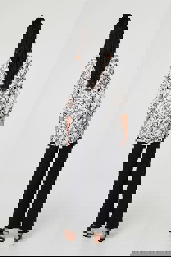 White | Floral Lace Trim Tie Neck Bardot Blouse
