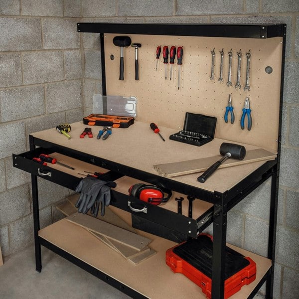 Monster Racking Workbench with Pegboard, Drawer & Light – Black