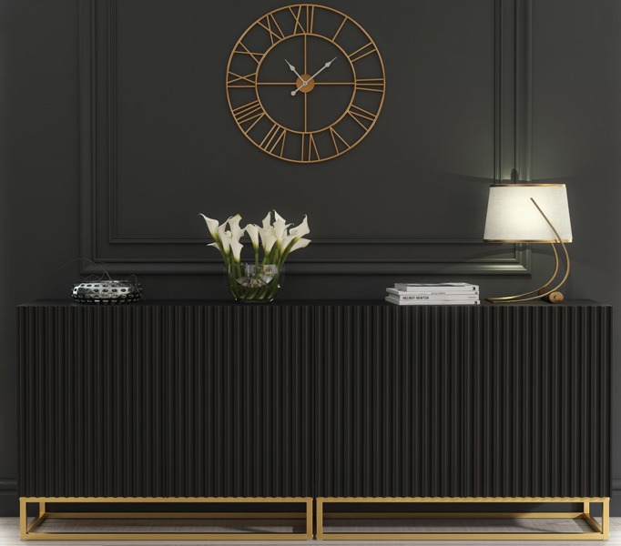 Mex Furniture Sophisticated Black Sideboard with Fluted Fronts & Gold Legs – 200cm Storage Unit