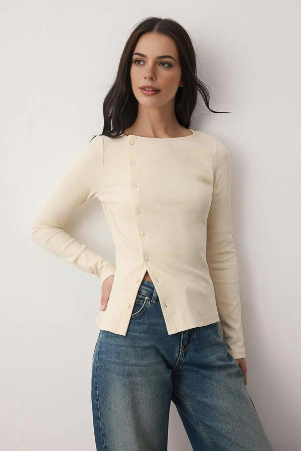 WOVCOR Buttoned Crew Neck Ribbed Flexible Knit Blouse
