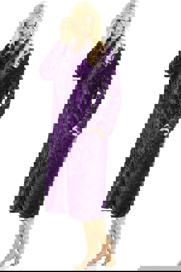 Camille Womens Purple Classic Full Length Zip Through Housecoat With Inseam Pockets