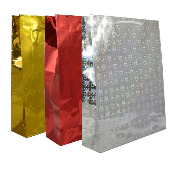 Shatchi Large Assorted Holographic Paper Gift Bags, Mixed Pack Sizes for Christmas and All Occasions