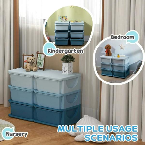 Light blue kids storage unit with tabletop and six front drawers in a bedroom scene