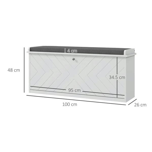 White shoe storage bench with gray padded seat, front view with dimensions