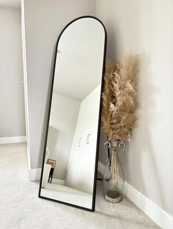 Stunning Black Arched Metal Frame Wall or Floor Standing Dressing Mirror 145cm x 45cm - Soho Collection
