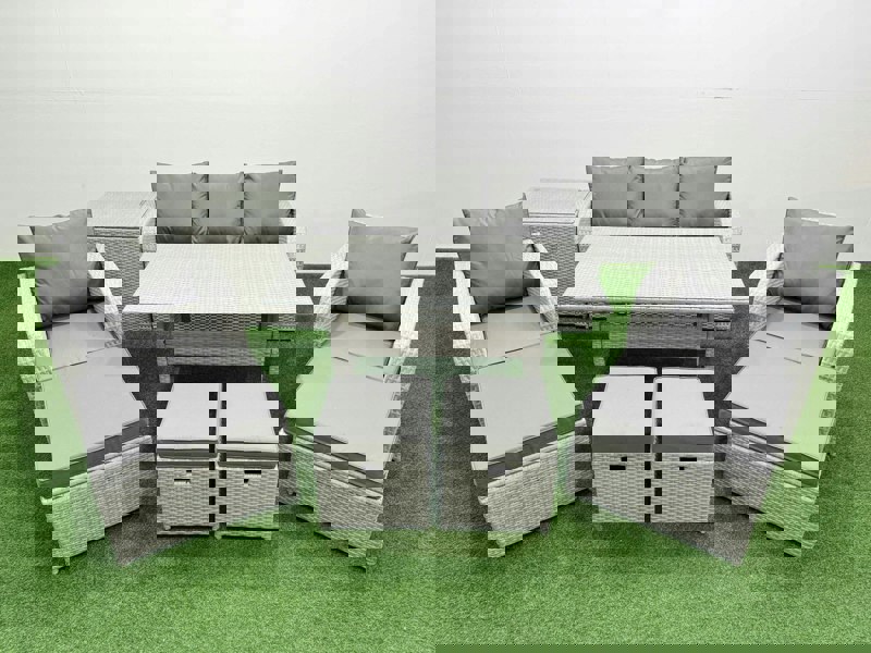 Fimous PE Rattan Lounge Sofa Set 9 Seater Outdoor Garden Furniture Set with Dining Table 3 Seater Sofa 2 Big Footstools Side Table Light Grey