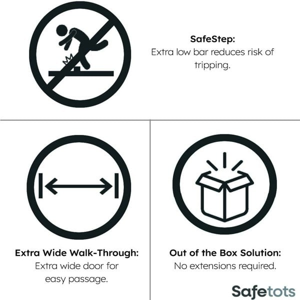 Safetots SafeStep Gate, White, 75cm - 82cm, Extra Low Walkthrough, Pressure Fit Safety Gate, Baby Gate for Stairs and Doors