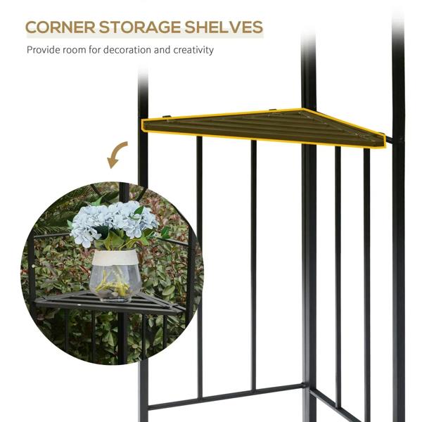Corner storage shelf attached to a black steel gazebo frame