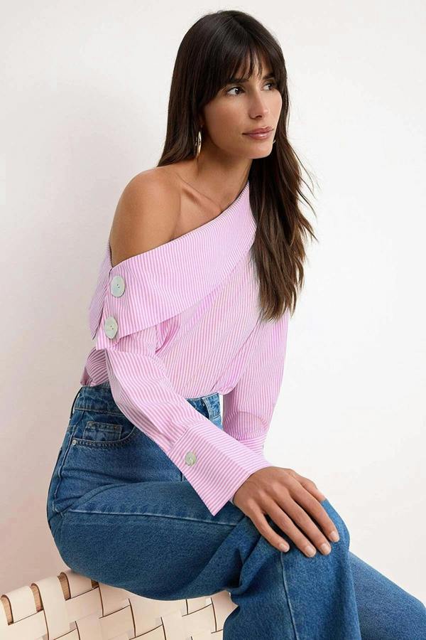WOVCOR Asymmetric Neck Long Sleeve Woven Blouse