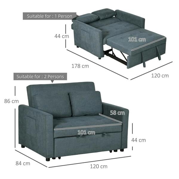 Charcoal grey loveseat sofa bed with pull-out footrest for a flat sleeping position