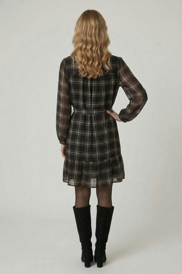 Black | Checked Long Sleeve Short Shirt Dress
