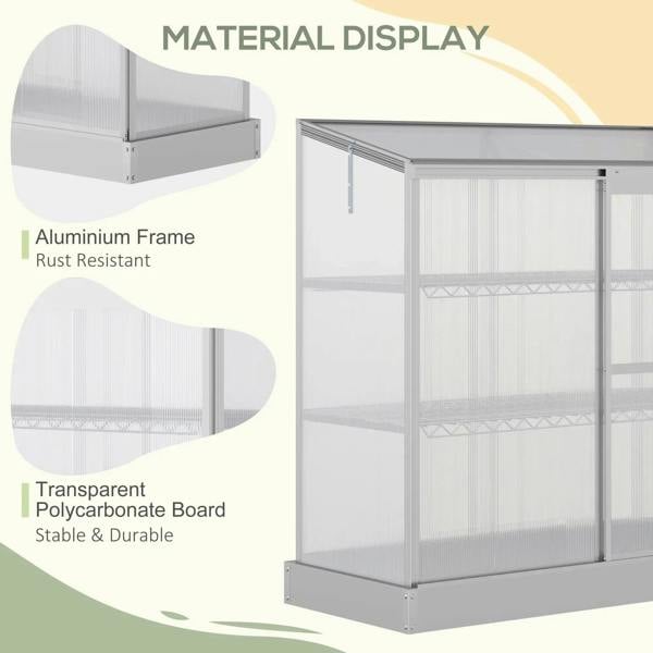 Silver aluminum greenhouse cold frame with clear polycarbonate board and side frames
