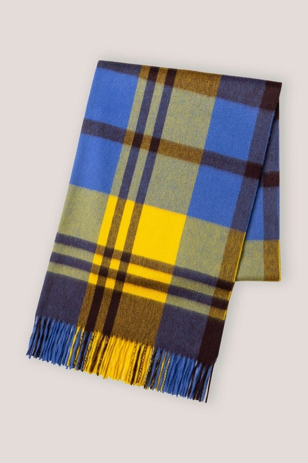 Joshua Ellis Primary Black Watch Cashmere Stole Yellow x Blue