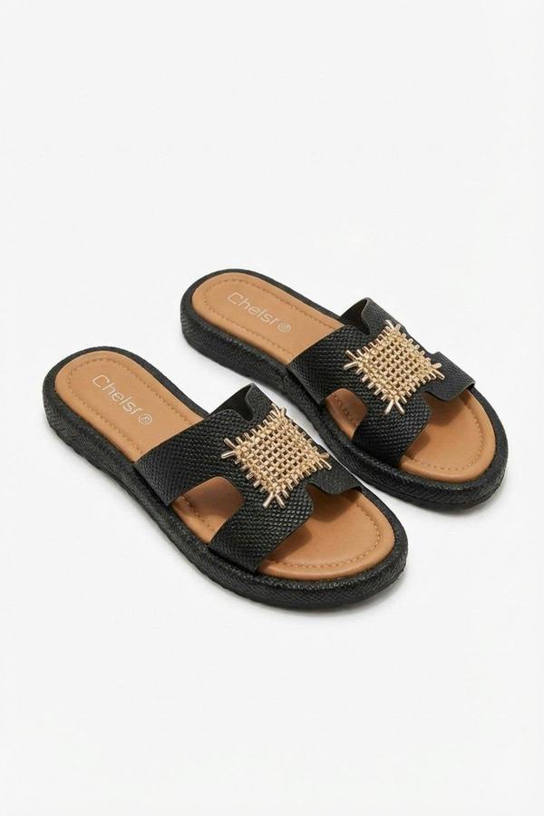 Amber Gold Woven Buckle Slides - Black_wb