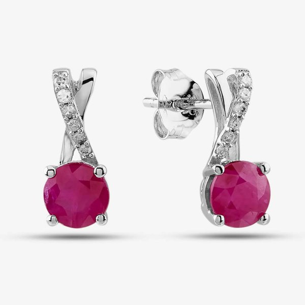 T. H. Baker 9ct White Gold Ruby & Diamond Crossover Stud Earrings OJE1703-R