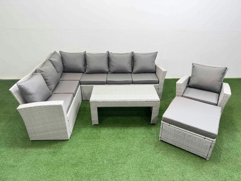 Fimous Rattan Garden Furniture Set Outdoor 8 Seater Corner Sofa Sets with Oblong Coffee Table Chair Big Footstool Light Grey Mixed