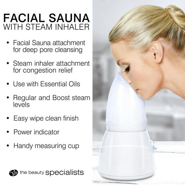A woman uses the Rio Facial Sauna Skincare with Steam Inhaler for deep pore cleansing, congestion relief, and essential oil use. Features include adjustable steam, easy cleaning, power indicator, and a measuring cup.