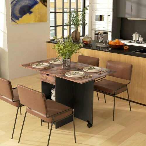 Wyld Haus Barretti Wooden Rustic Brown Folding Drop Leaf Dining Table With Drawer And Storage Shelves