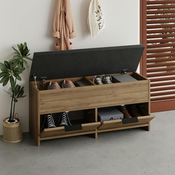 Decortie Modern Cove Shoe Storage with Fabric Bench 2-Tier Cabinet Hallway Entryway Storage 106x34x50cm