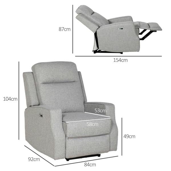 Grey electric recliner chair shown with size measurements and raised footrest