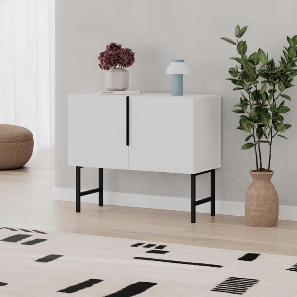 Decortie Modern Tona Console Cabinet w/Soft-Close 2 Doors Sideboard Black Metal Legs 88(W)cm