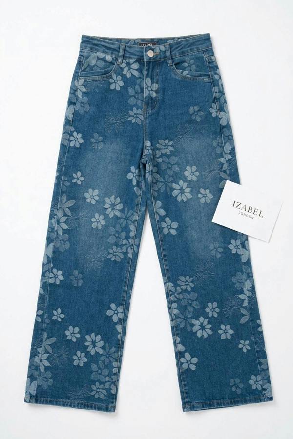 Blue | Floral High Waist Wide Leg Jeans
