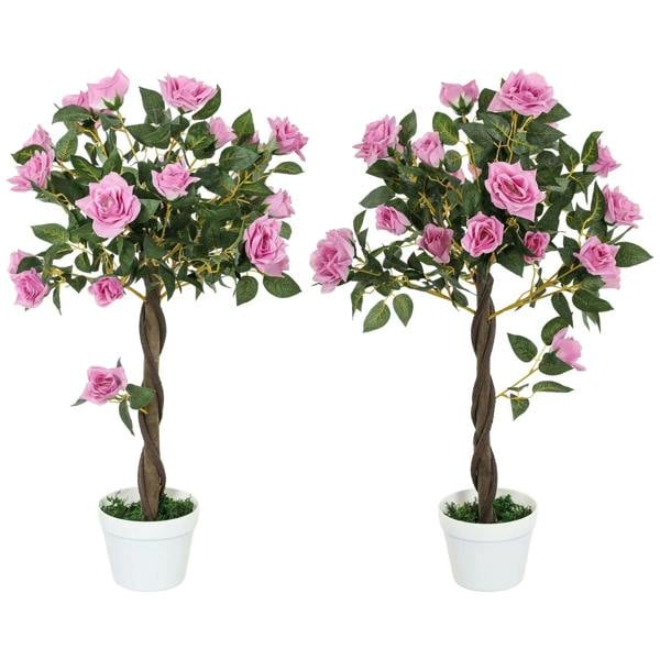 Set of 2 artificial rose plants with pink blooms, green leaves, in white pots