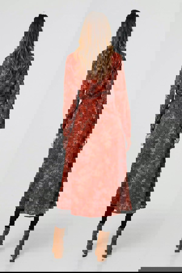 Orange | Leaf Print Tie Waist Midi Shirt Dress
